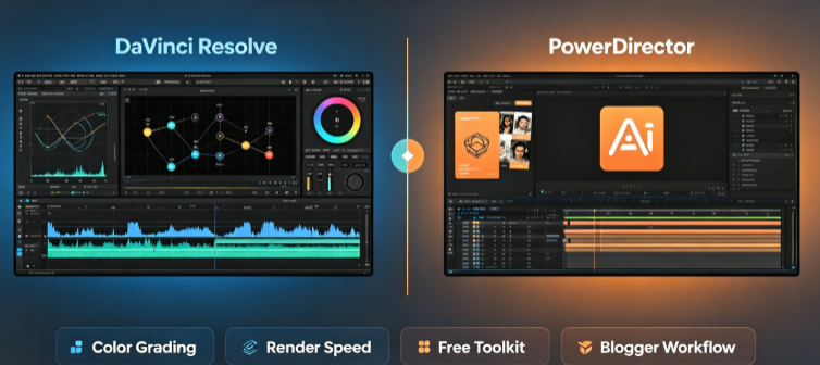 DaVinci Resolve vs PowerDirector video editor comparison banner
