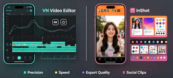 VN vs InShot mobile video editor comparison banner, two-week head-to-head test