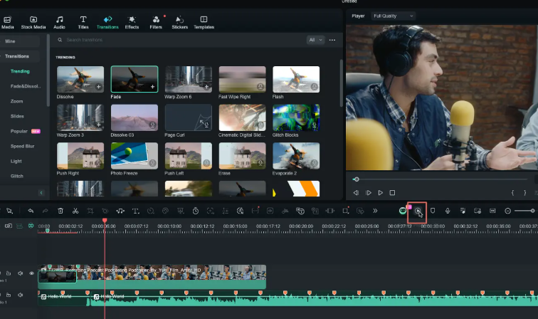 Filmora Tilt-shift Circle effect editor panel, adjust size and intensity to keep cyclist in focus
