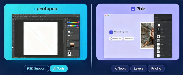 Photopea vs Pixlr online photo editor comparison banner