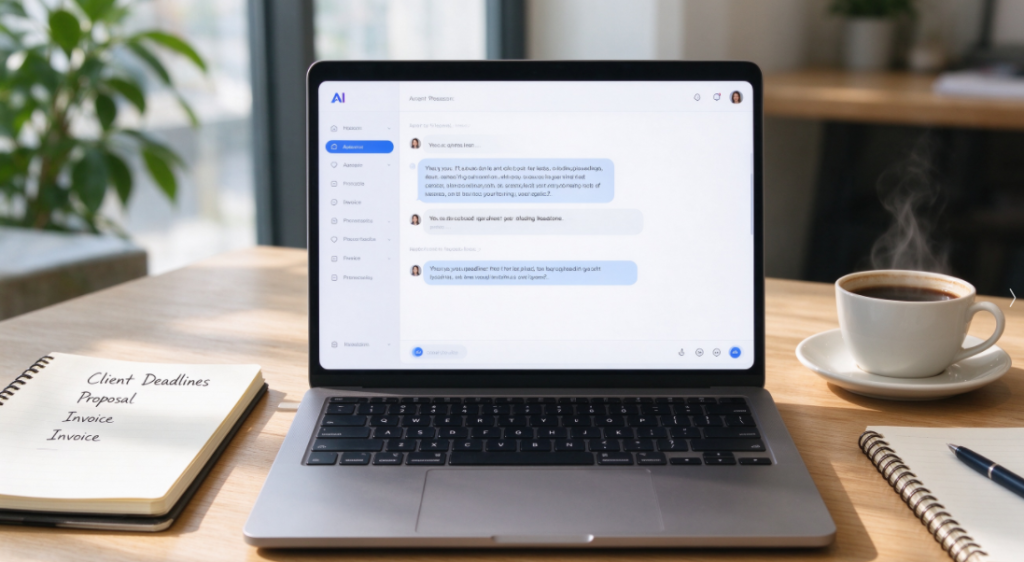 Freelancer desk with laptop showing AI chat window, coffee cup, and notebook with client deadlines